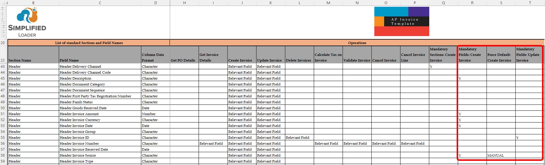 Mandatory Fields and Force Default - Simplified Loader Excel for Oracle Fusion Cloud ERP